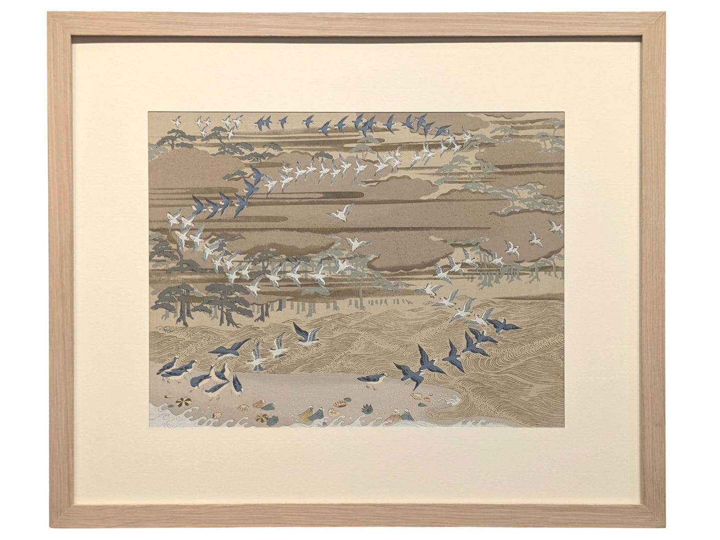 Estampe Japonaise Encadrée Ecole Kano, Envol d'oiseaux sur la plage
