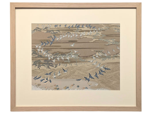 Estampe Japonaise Encadrée Ecole Kano, Envol d'oiseaux sur la plage