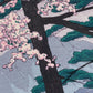 estampe japonaise paysage de printemps ceriser en fleur pont rouge japonais et lac, fleurs cerisier sakura