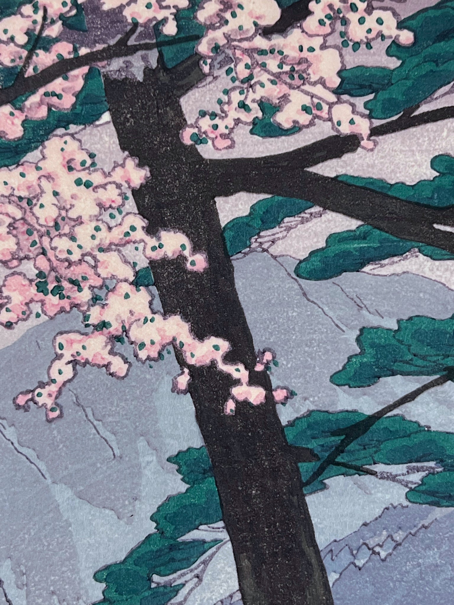estampe japonaise paysage de printemps ceriser en fleur pont rouge japonais et lac, fleurs cerisier sakura