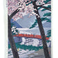 estampe japonaise paysage de printemps ceriser en fleur pont rouge japonais et lac