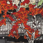estampe japonaise Kasasmatsu shiro campagne automne érable rouge, maison bois chaume