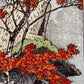 estampe japonaise Kasasmatsu shiro campagne automne érable rouge, toit chaume et herbe