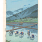 estampe japonaise de Kasamatsu, paysage de montagne avec personnes plantant du riz dans une rizière
