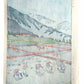 estampe japonaise de Kasamatsu, paysage de montagne avec personnes plantant du riz dans une rizière, le verso de l'estampe