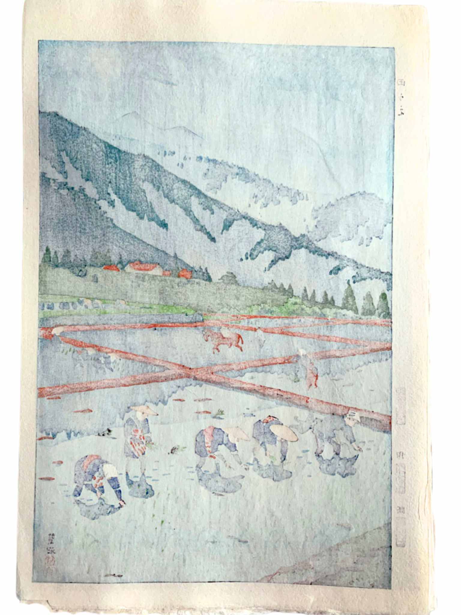 estampe japonaise de Kasamatsu, paysage de montagne avec personnes plantant du riz dans une rizière, le verso de l'estampe