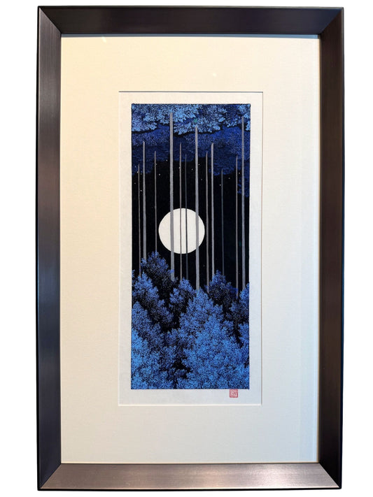 estampe japonaise contemporaine encadrée, la pleine lune arbres bleus au dessus et au dessous