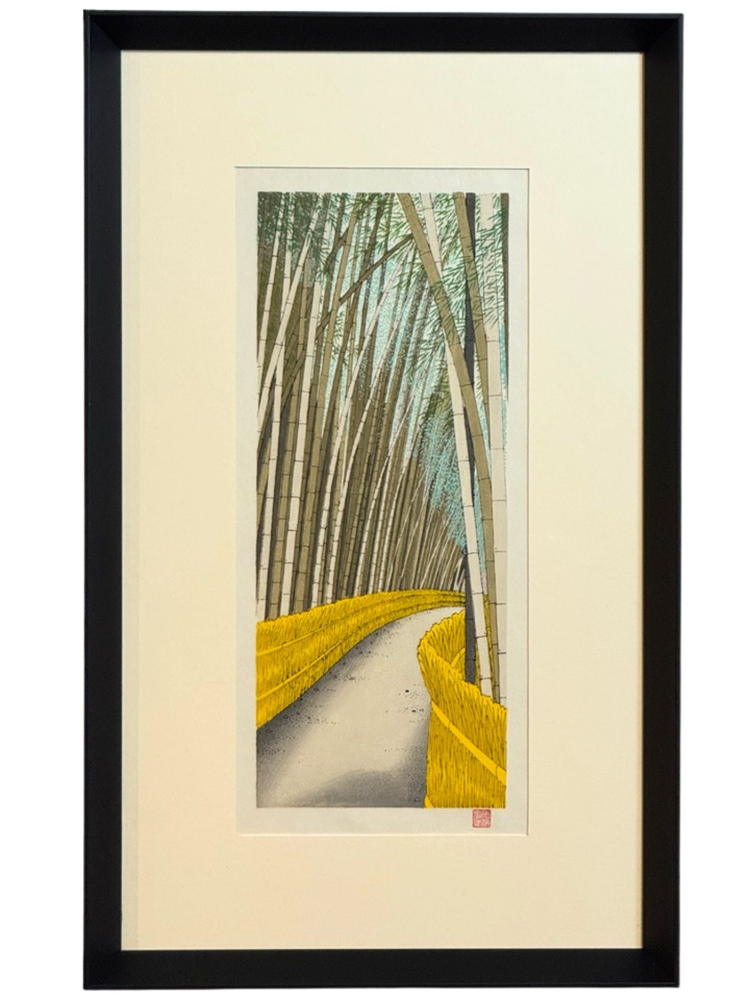 estampe japonaise contemporaine paysage chemin dans une foret de bambou, estampe encadrée avec cadre en pente noire