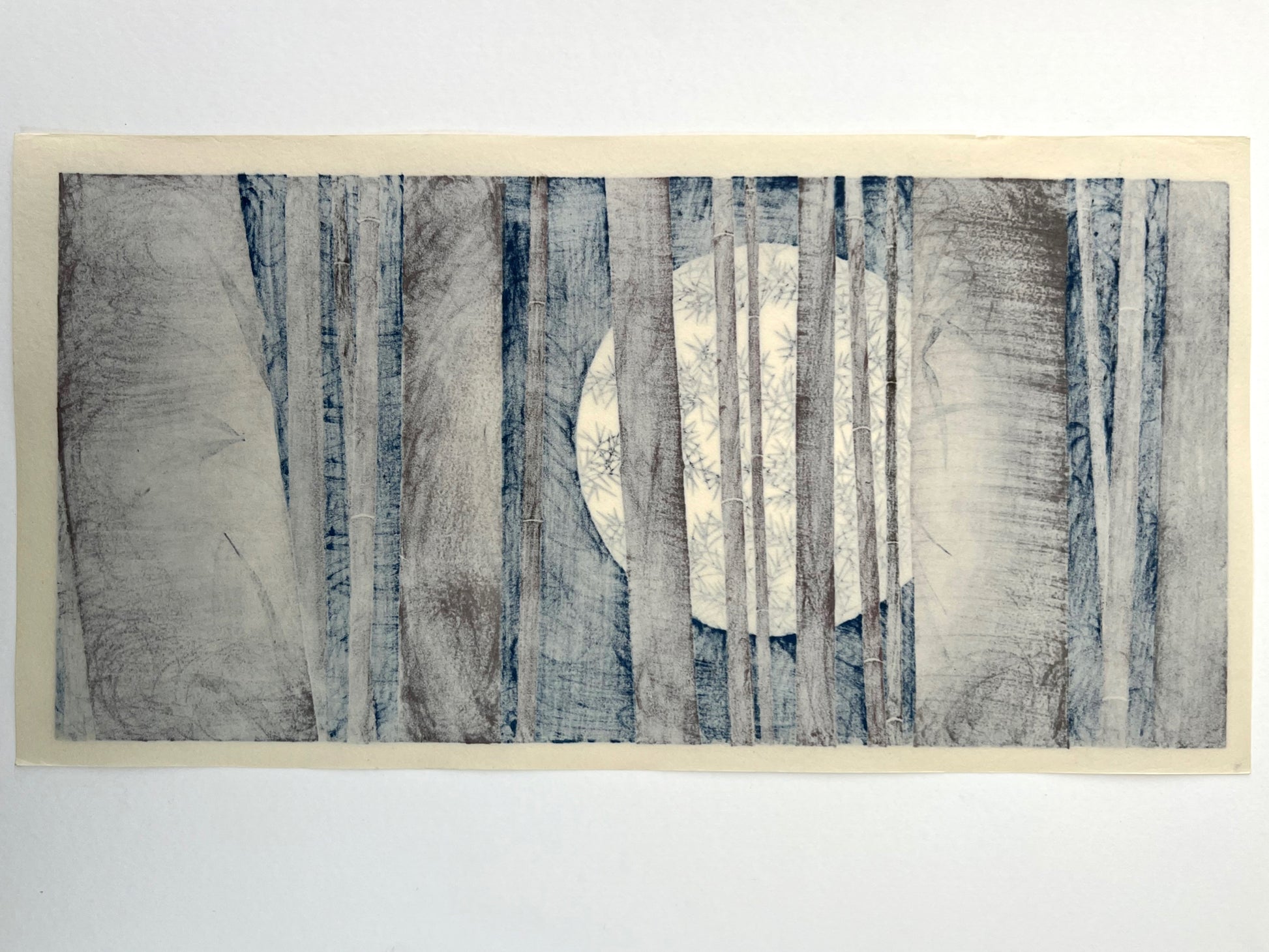 Estampe japonaise paysage, nuit pleine lune derrière des feuilles des bambou., dos de l'estampe