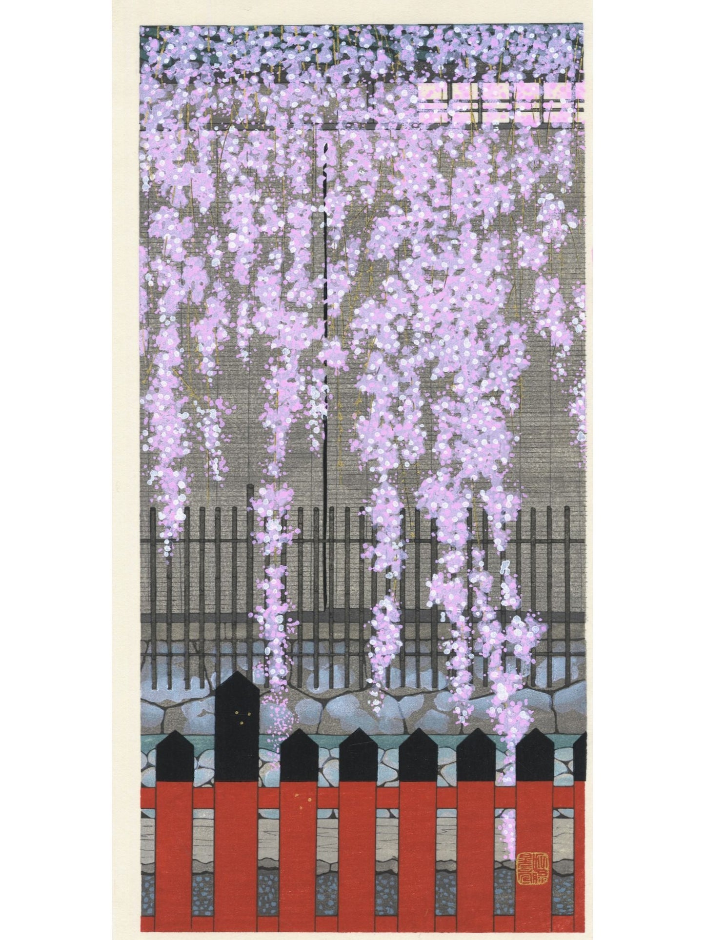 estampe japonaise cerisier en fleur descendant sur une barrière rouge et noire