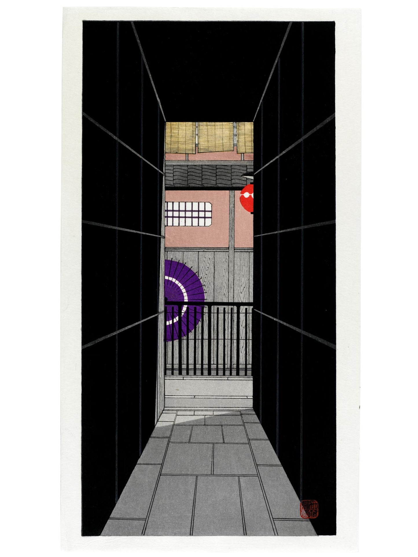 estampe japonaise allée noire en perspective avec parapluie et lanterne