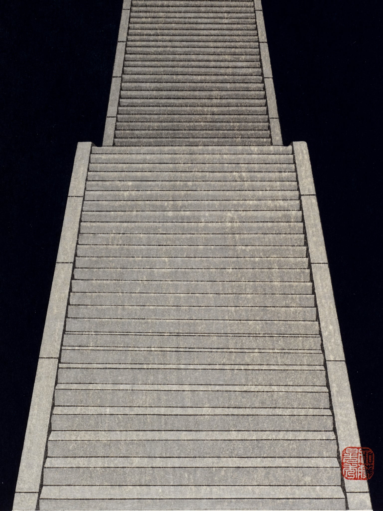 estampe japonaise escalier noir nuit automne pleine lune, sceau artiste