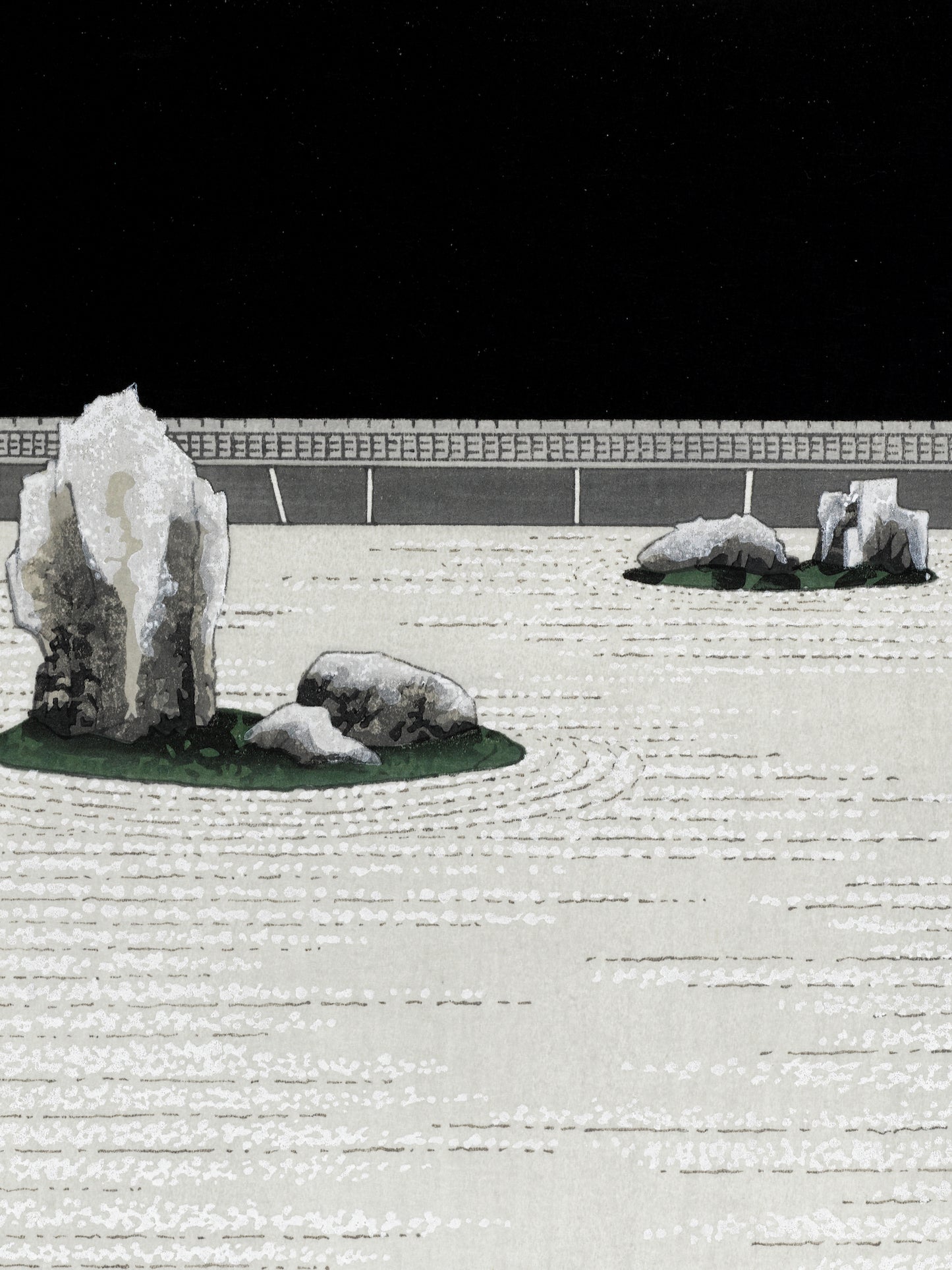 estampe japonaise jardin zen minéral une nuit de pleine lune, les rochers et le sable peigné