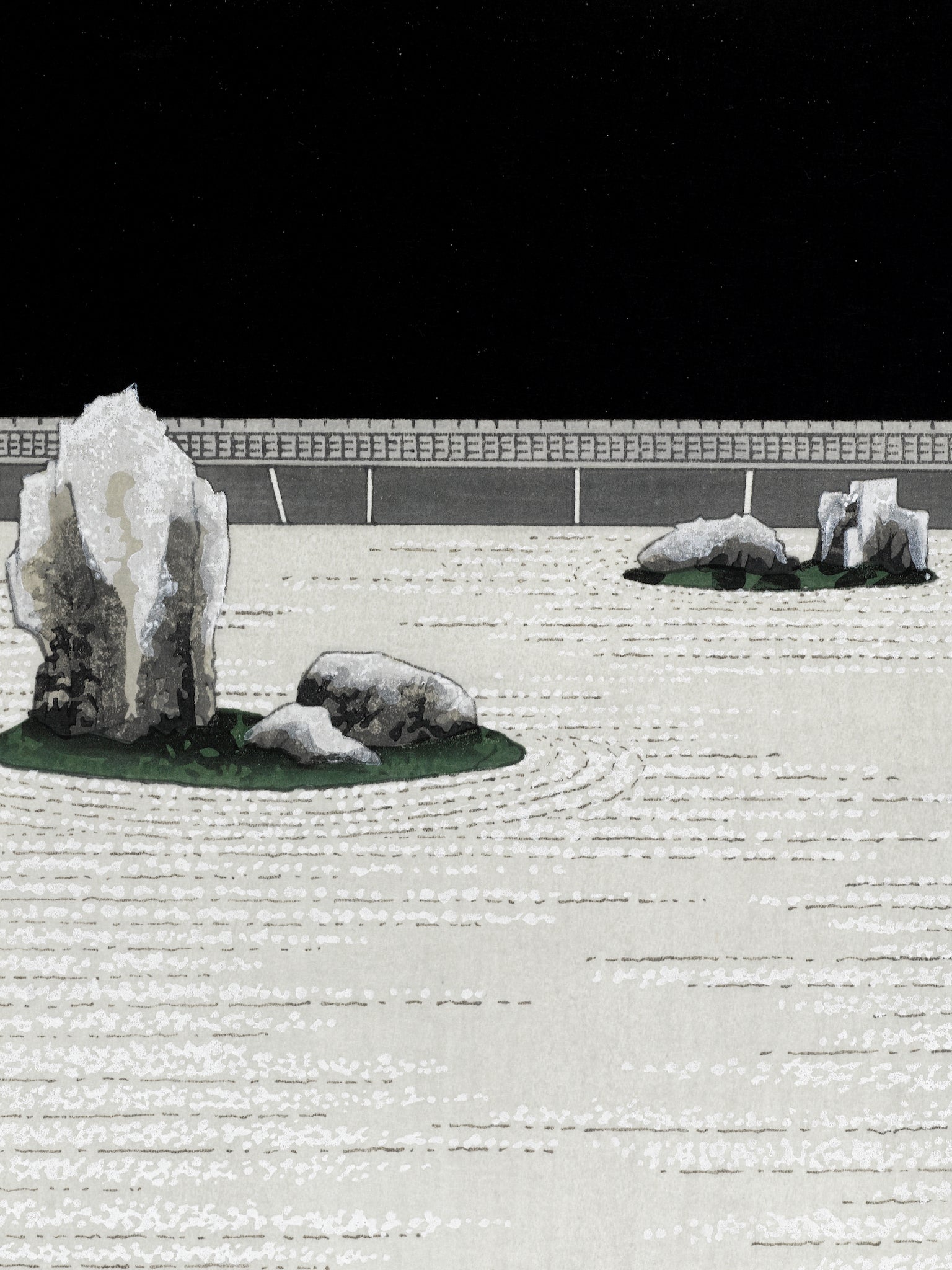 estampe japonaise jardin zen minéral une nuit de pleine lune, les rochers et le sable peigné