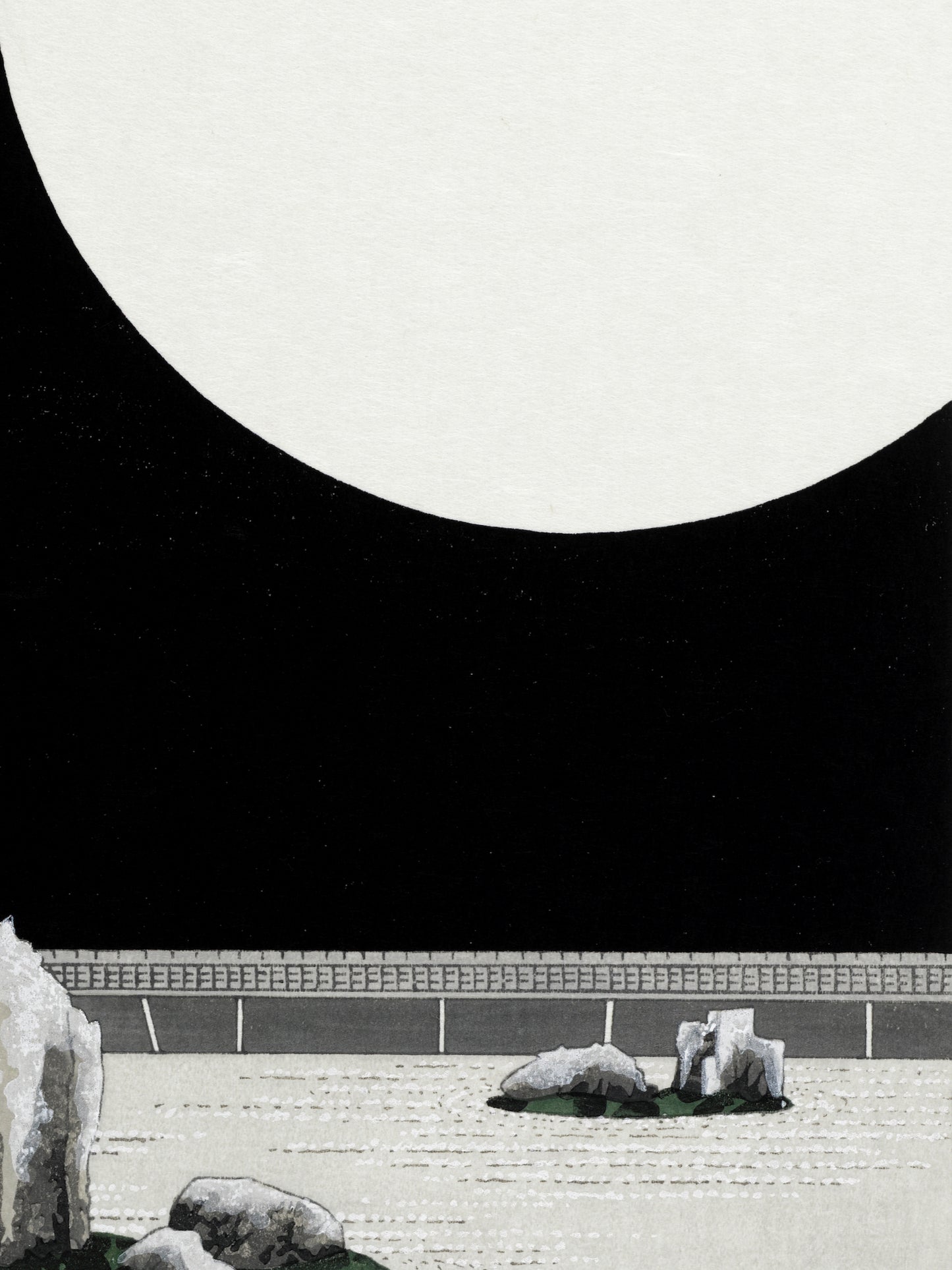 estampe japonaise jardin zen minéral une nuit de pleine lune, le noir de la nuit