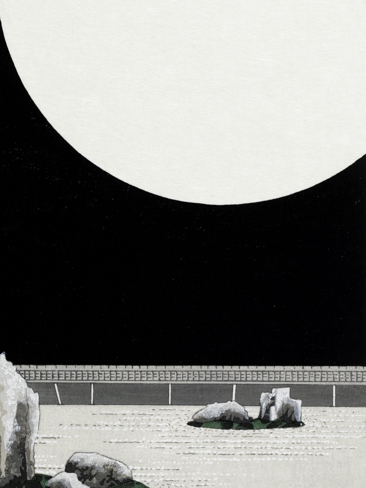 estampe japonaise jardin zen minéral une nuit de pleine lune, le noir de la nuit