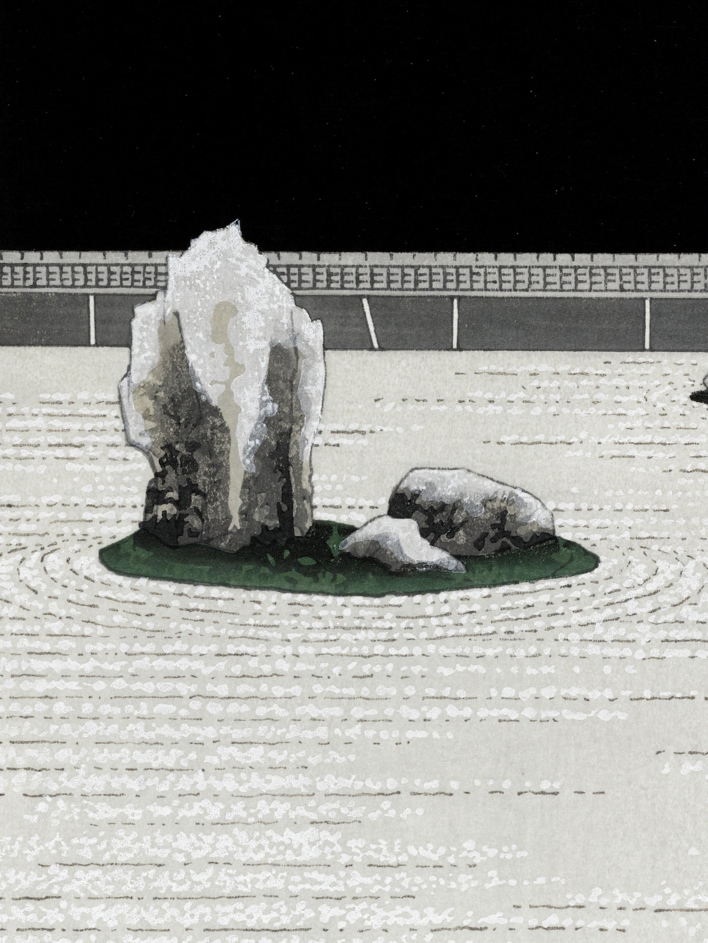 estampe japonaise jardin zen minéral une nuit de pleine lune, le rocher