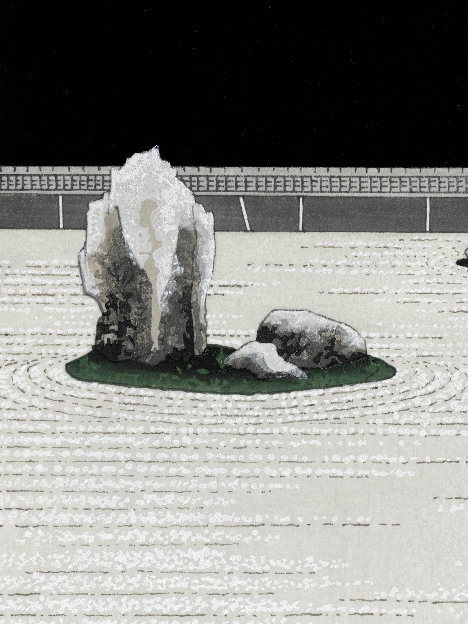 estampe japonaise jardin zen minéral une nuit de pleine lune, le rocher