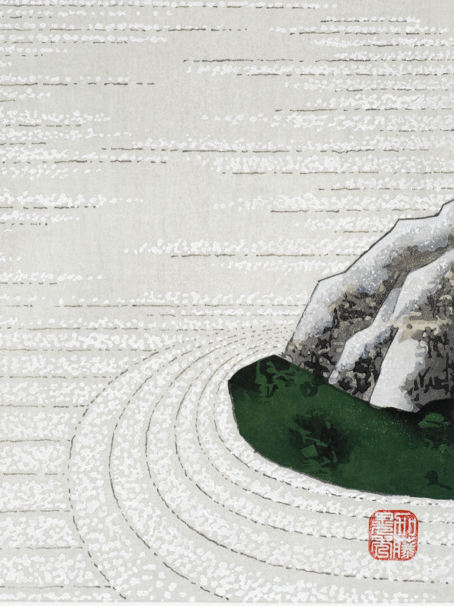 estampe japonaise jardin zen minéral une nuit de pleine lune, les sillons du sable
