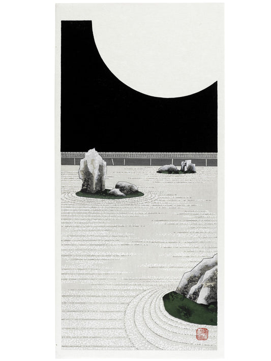 estampe japonaise jardin zen minéral une nuit de pleine lune