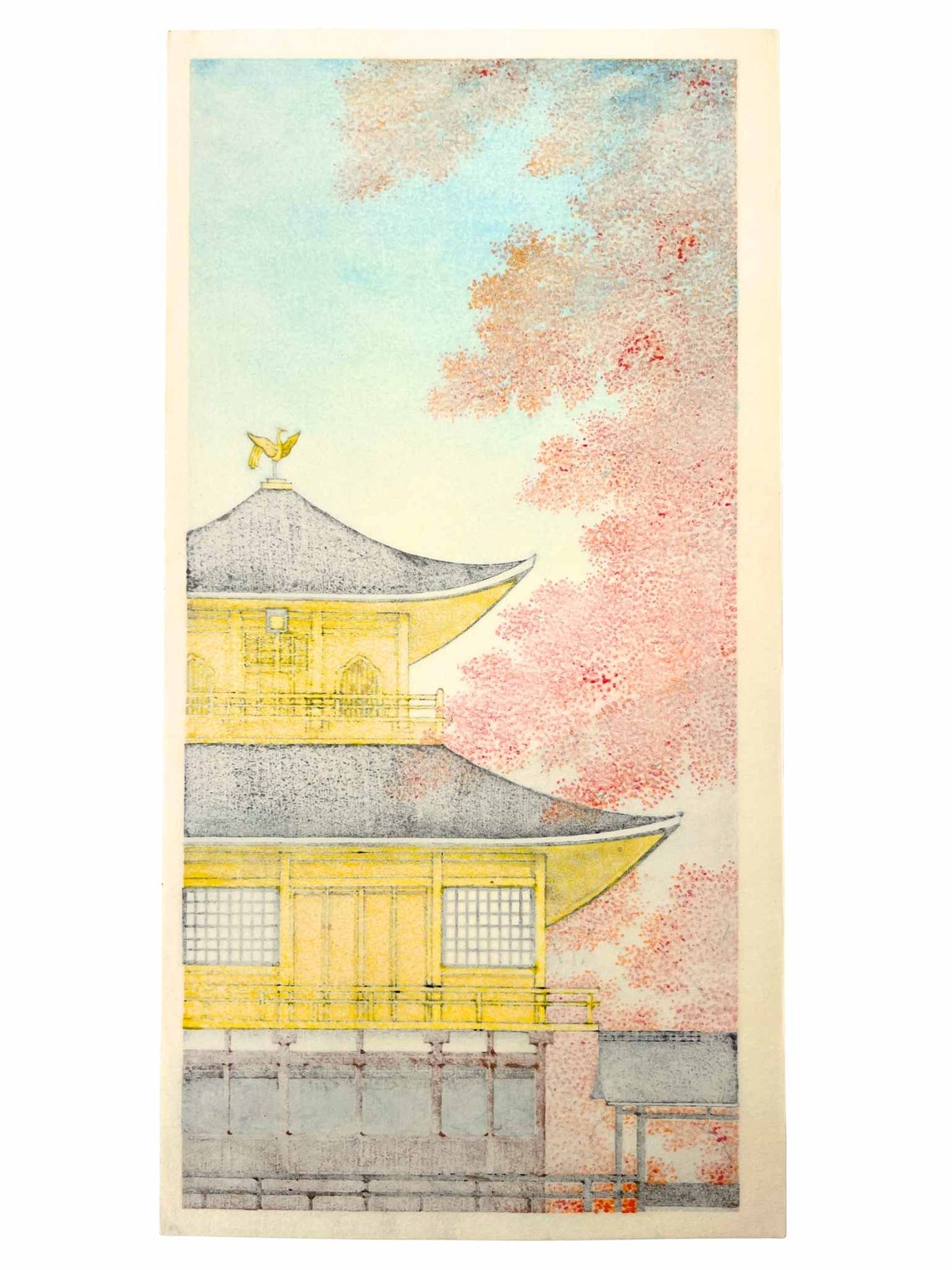 estampe japonaise de Teruhide Kato, le Kinkakuji pavillon d'or à Kyoto, avec érables rouges en premier plan, le verso de l'estampe