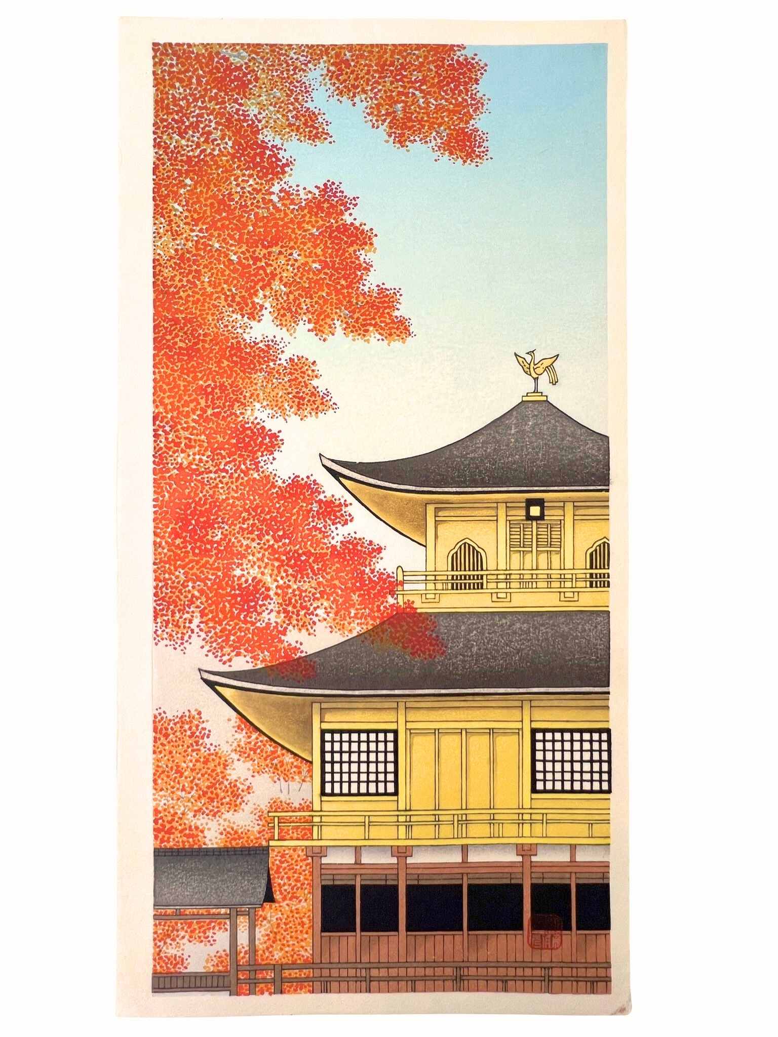 estampe japonaise de Teruhide Kato, le Kinkakuji pavillon d'or à Kyoto, avec érables rouges en premier plan