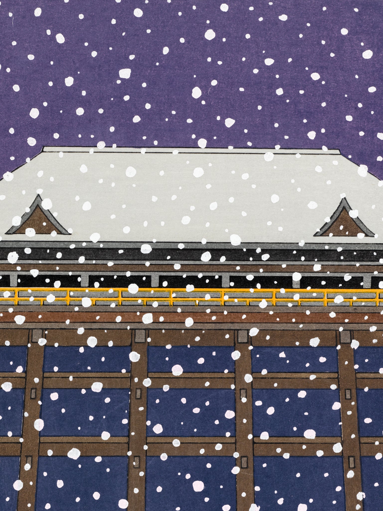 estampe japonaise Teruhide Kato, snow stage Kiyomizudera sous la neige, toit et terrasse enneigé 