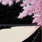 estampe japonaise contemporaine de teruhide kato nuit de pleine lune de printemps et cerisiers en fleurs et lune sur ciel violet, pont sur la rivière