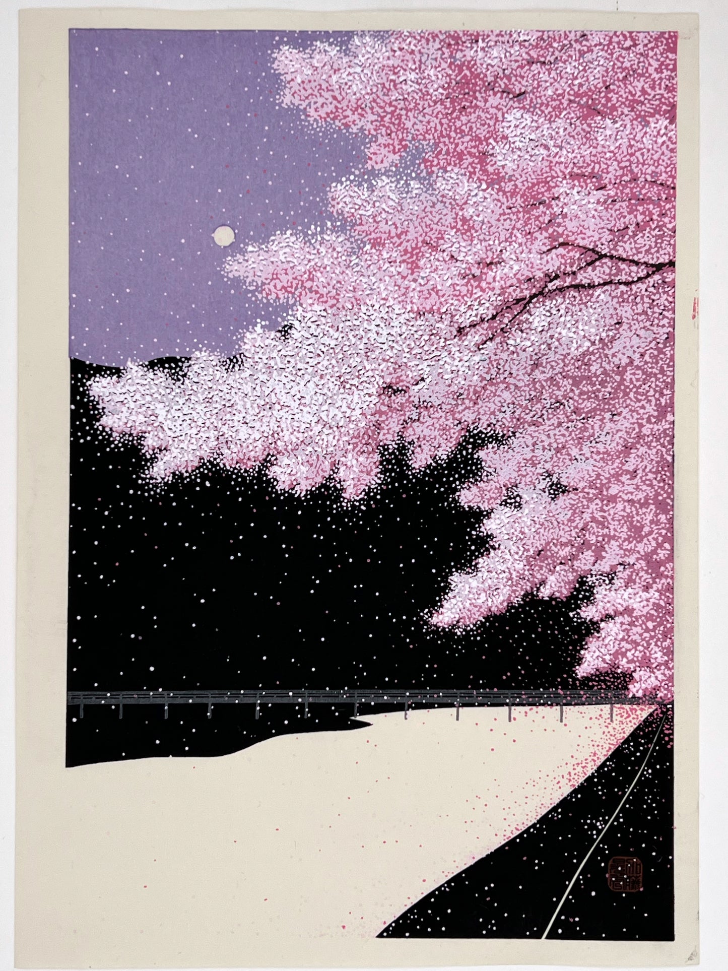 estampe japonaise contemporaine de teruhide kato nuit de pleine lune de printemps et cerisiers en fleurs et lune sur ciel violet