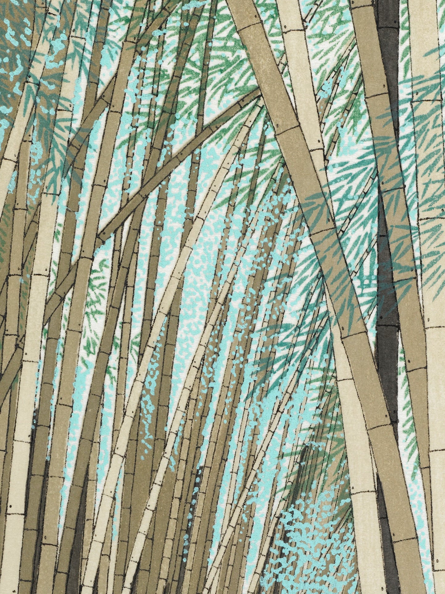 estampe japonaise de teruhide kato un chemin dans la foret de bambous géants a arashiyama, les feuilles de bambous