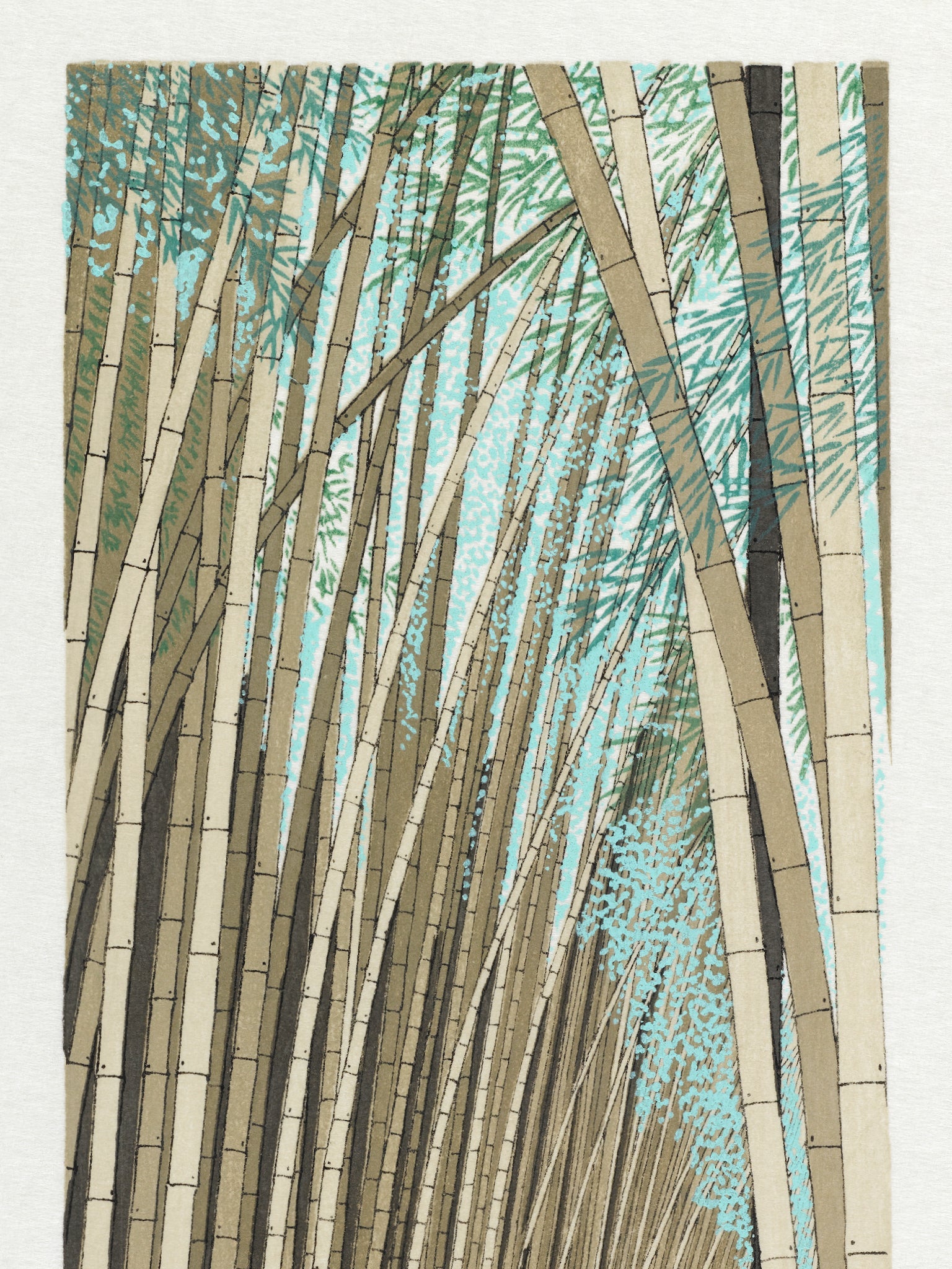 estampe japonaise de teruhide kato un chemin dans la foret de bambous géants a arashiyama, les tiges de bambous