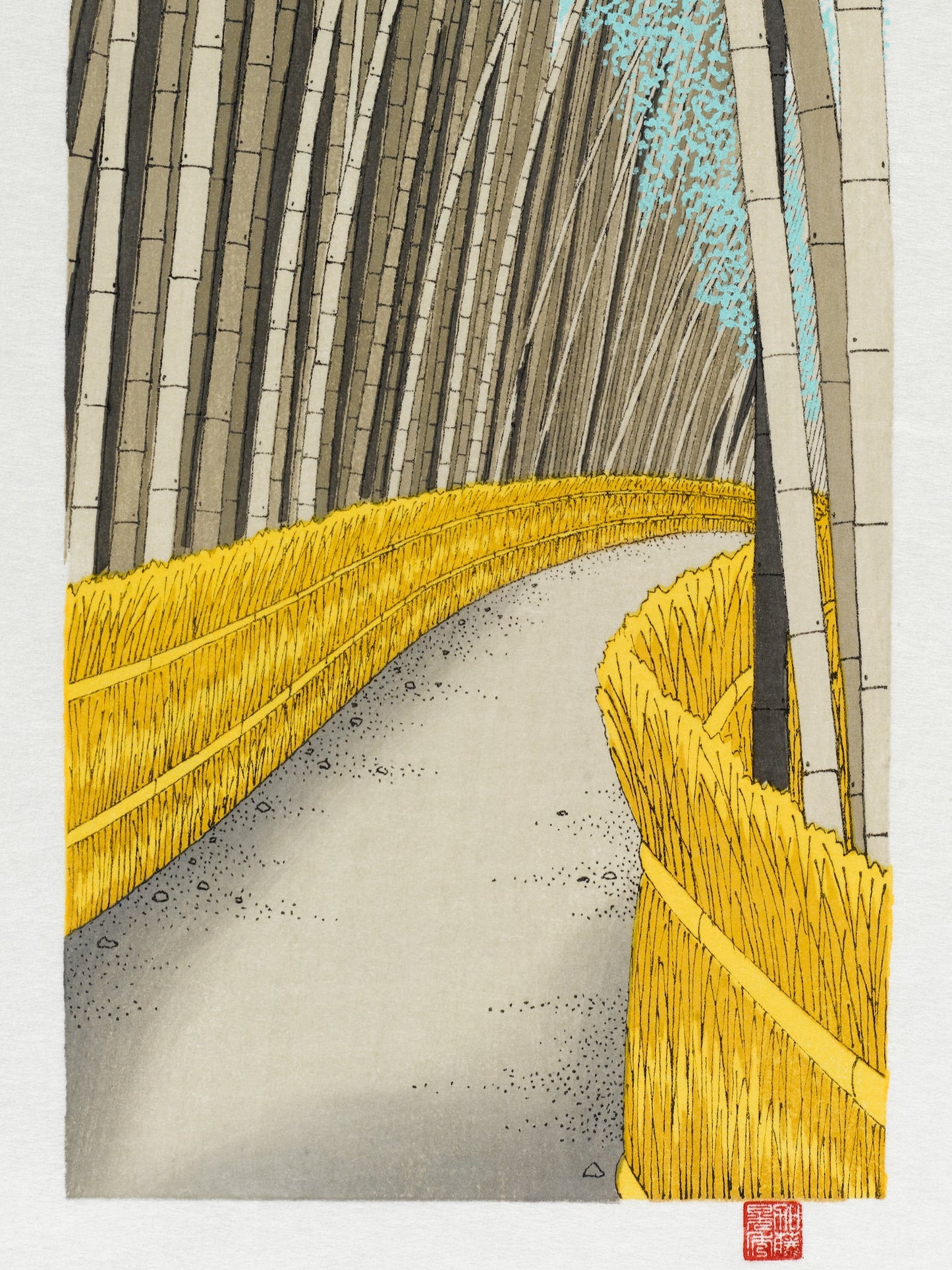 estampe japonaise de teruhide kato un chemin dans la foret de bambous géants a arashiyama, le chemin bordé de palissade de paille jaune