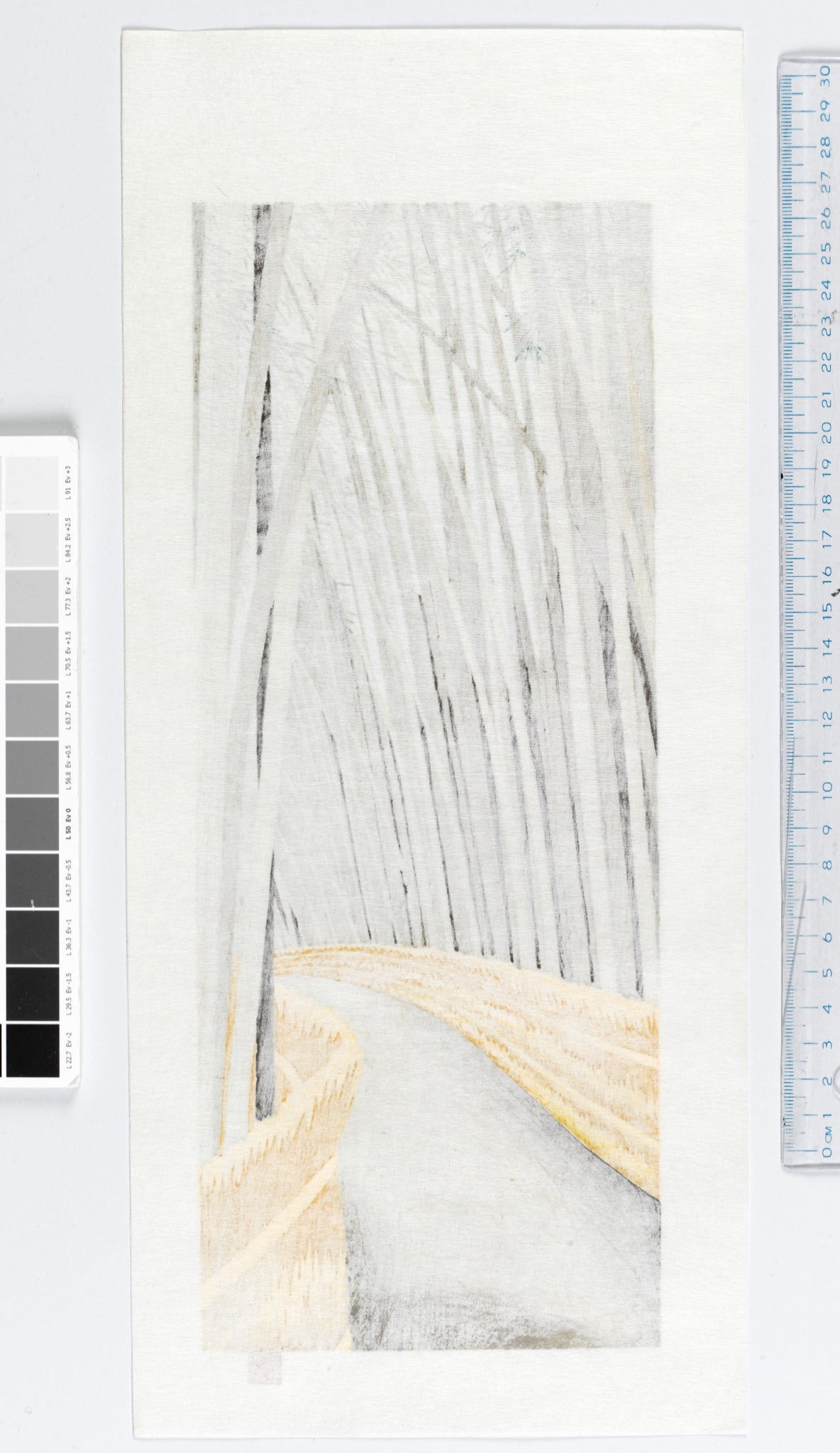 estampe japonaise de teruhide kato un chemin dans la foret de bambous géants a arashiyama, verso de l'estampe