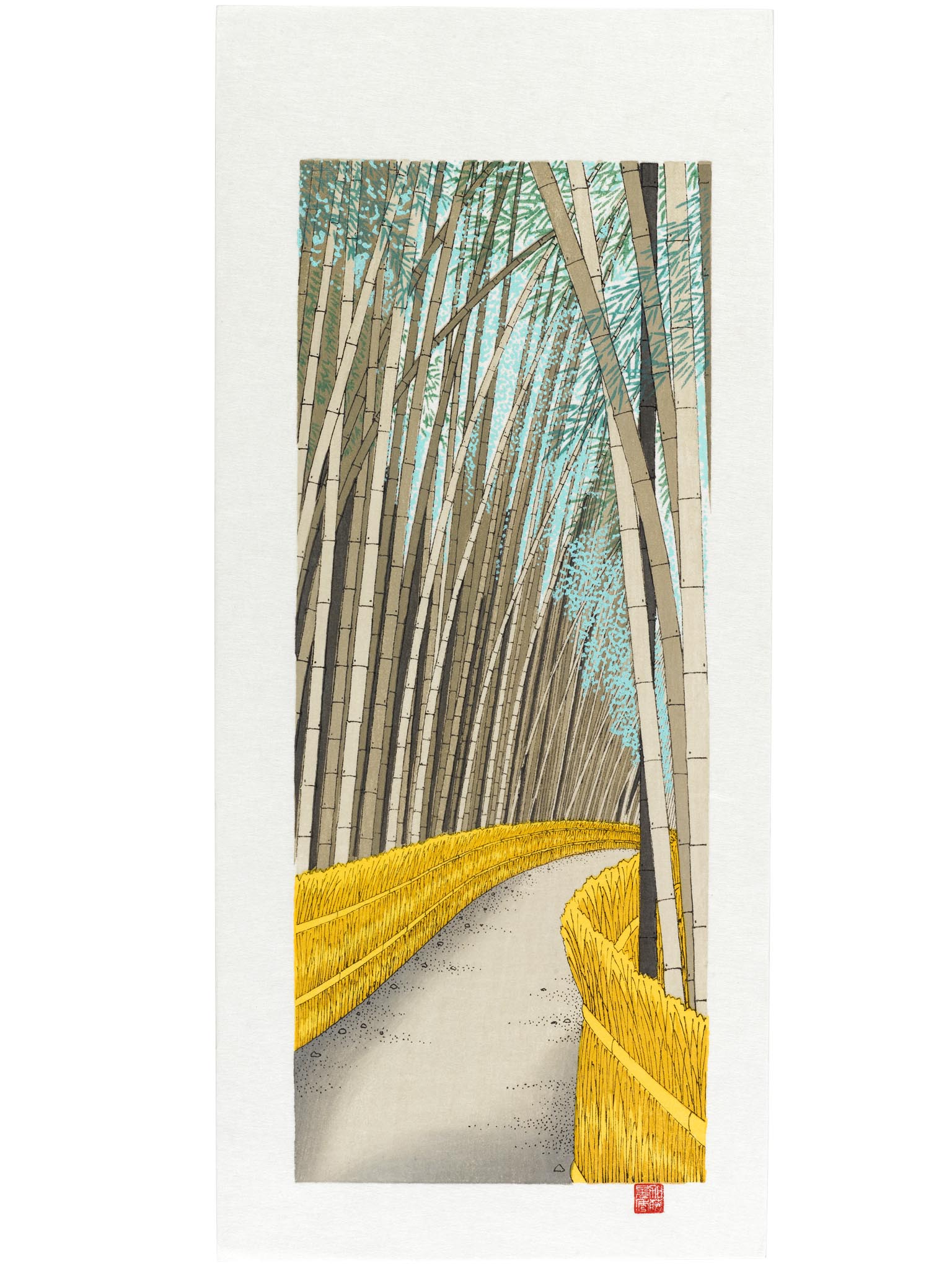 estampe japonaise de teruhide kato un chemin dans la foret de bambous géants a arashiyama