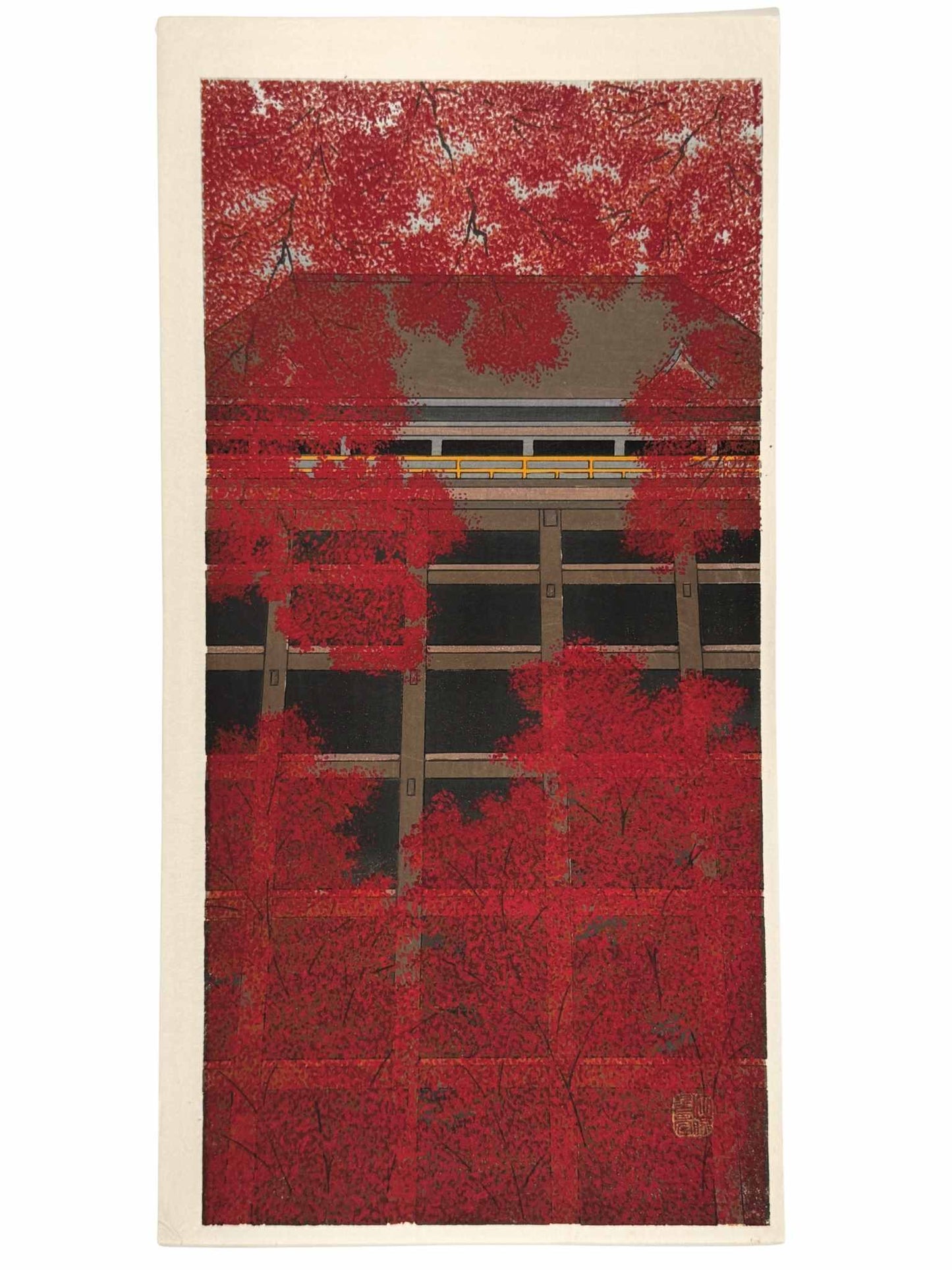 Estampe Japonaise de Katô Teruhide représentant la terrasse du Kiyomizu-dera à l'automne, encadrée par les feuilles rouges