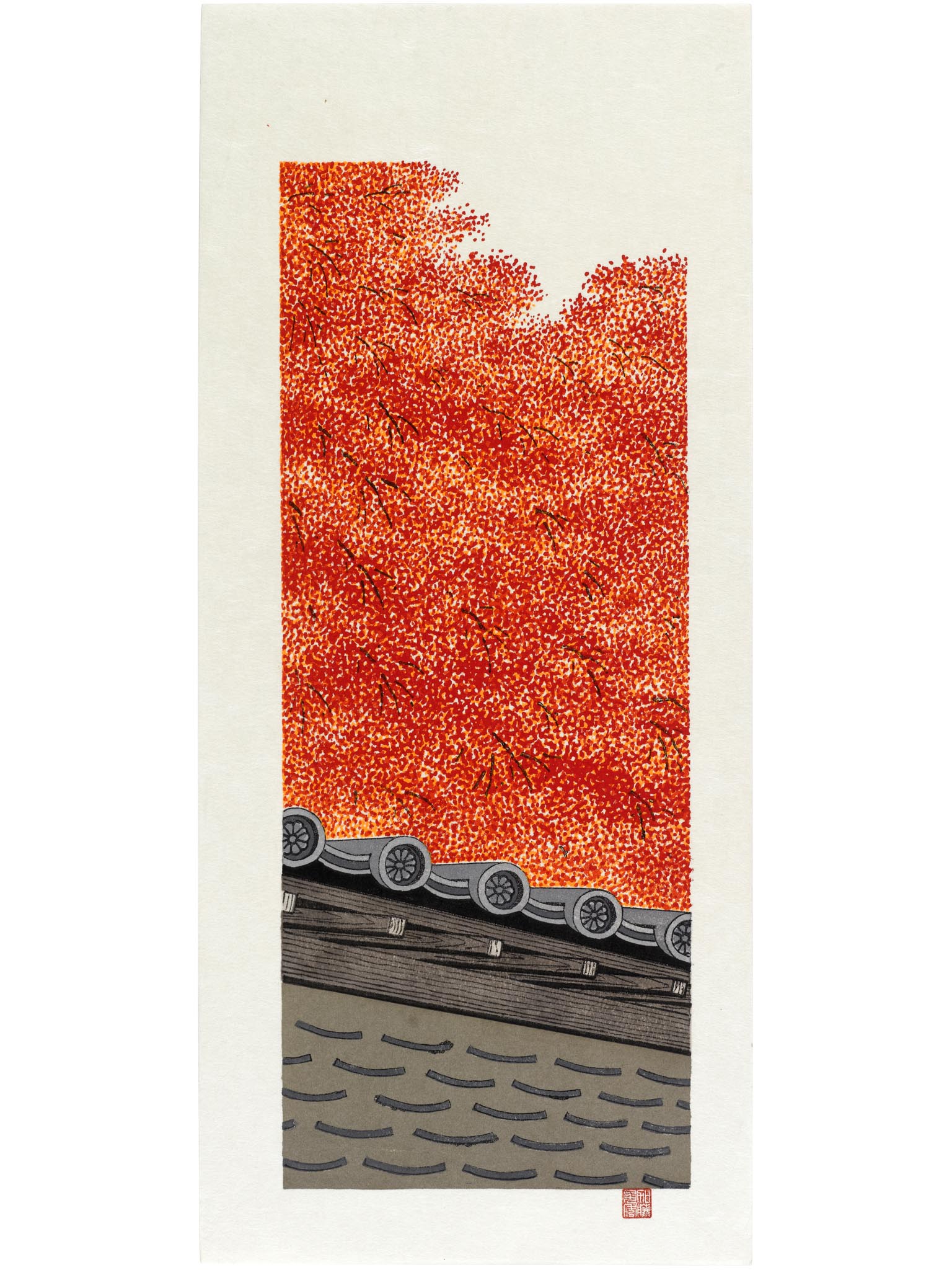 estampe japonaise toit de temple et feuilles érables rouge à l'automne