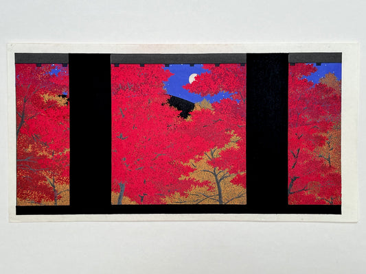 estampe japonaise paysage automne érables rouge flamboyant une nuit de pleine lune