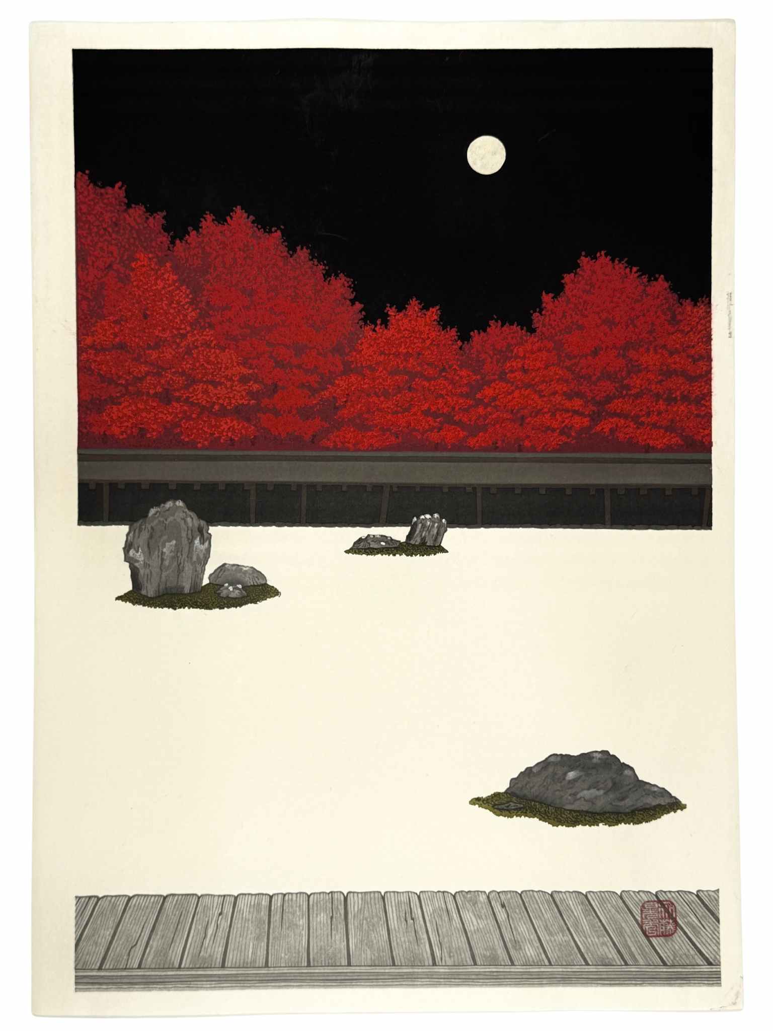 Estampe Japonaise contemporaine de Teruhide Kato Jardin Zen du temple Ryoan-ji avec les érables rouges flamboyant sous une nuit de pleine lune automne