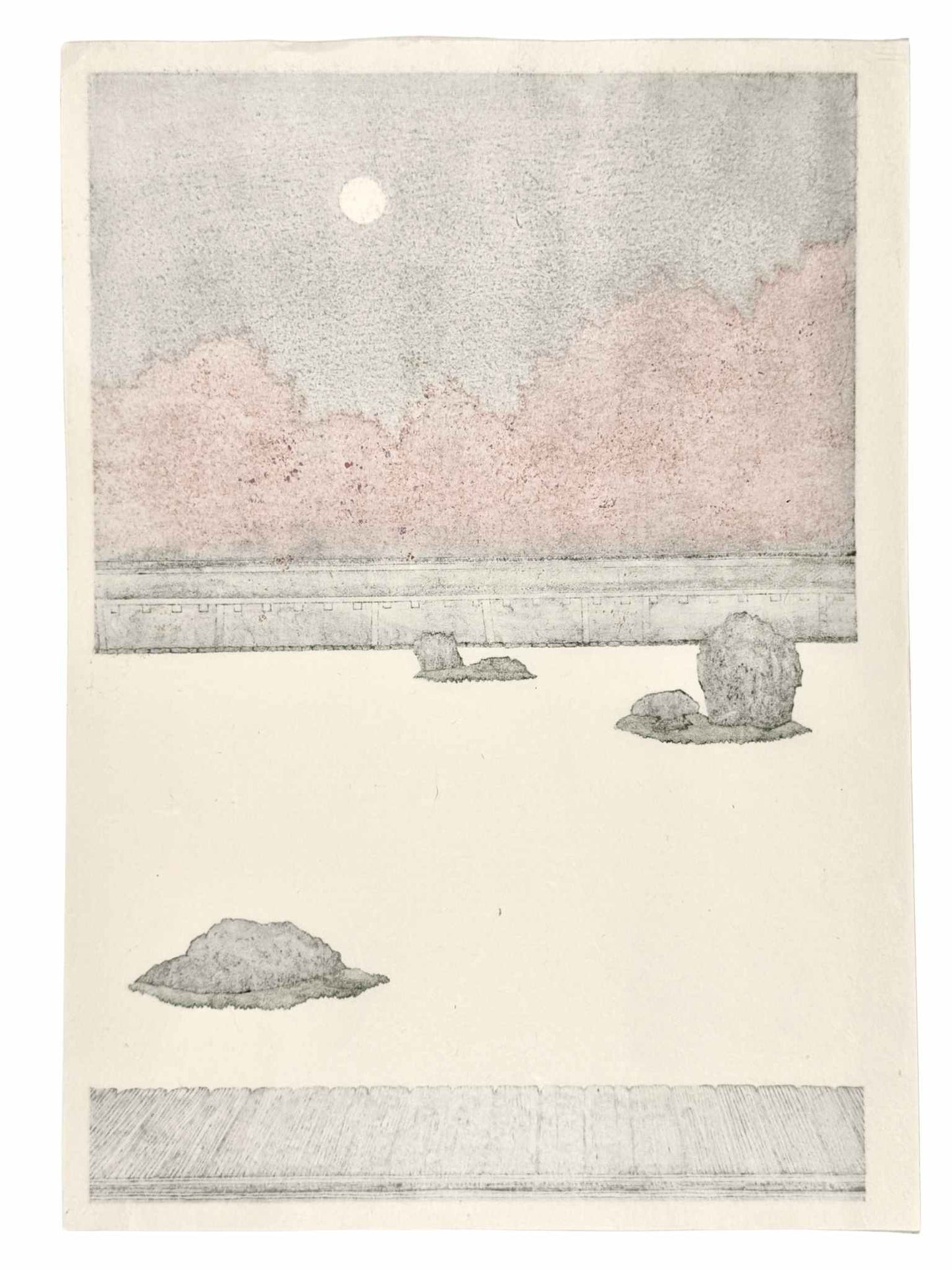 Estampe Japonaise contemporaine de Teruhide Kato Jardin Zen du temple Ryoan-ji avec les érables rouges flamboyant sous une nuit de pleine lune automne, le verso de l'estampe