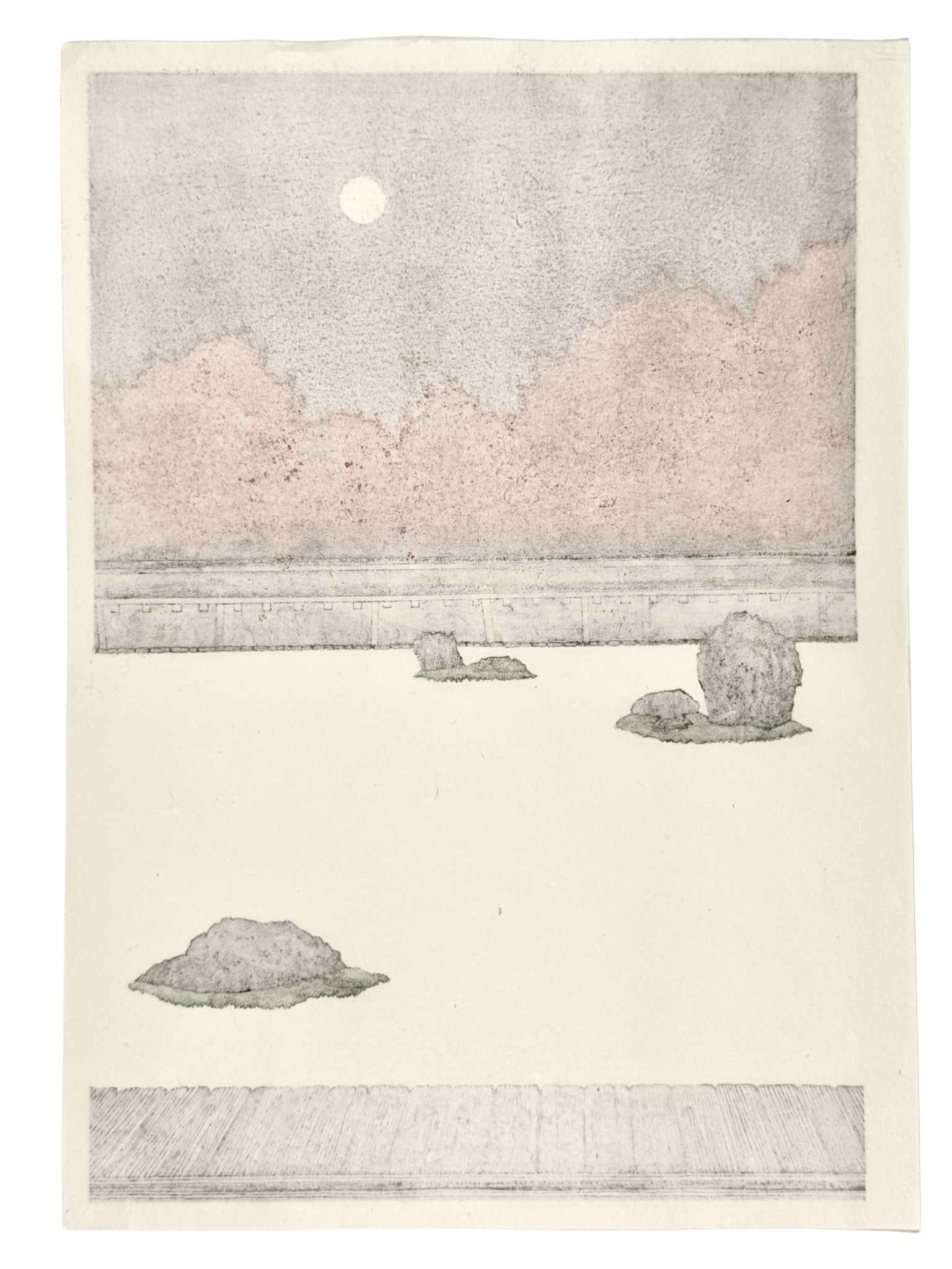 Estampe Japonaise contemporaine de Teruhide Kato Jardin Zen du temple Ryoan-ji avec les érables rouges flamboyant sous une nuit de pleine lune automne, le verso de l'estampe