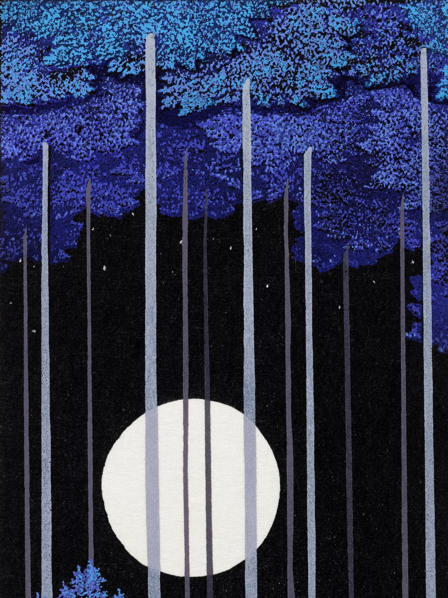 estampe japonaise contemporaine la pleine lune arbres bleus au dessus et au dessous, la pleine lune