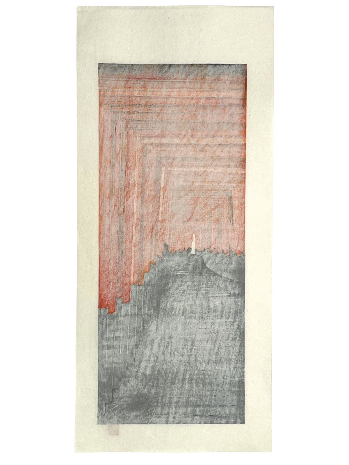 estampe japonaise de Teruhide kato, une enfilade de tori rouge-orangé base noir et sol gris, le verso