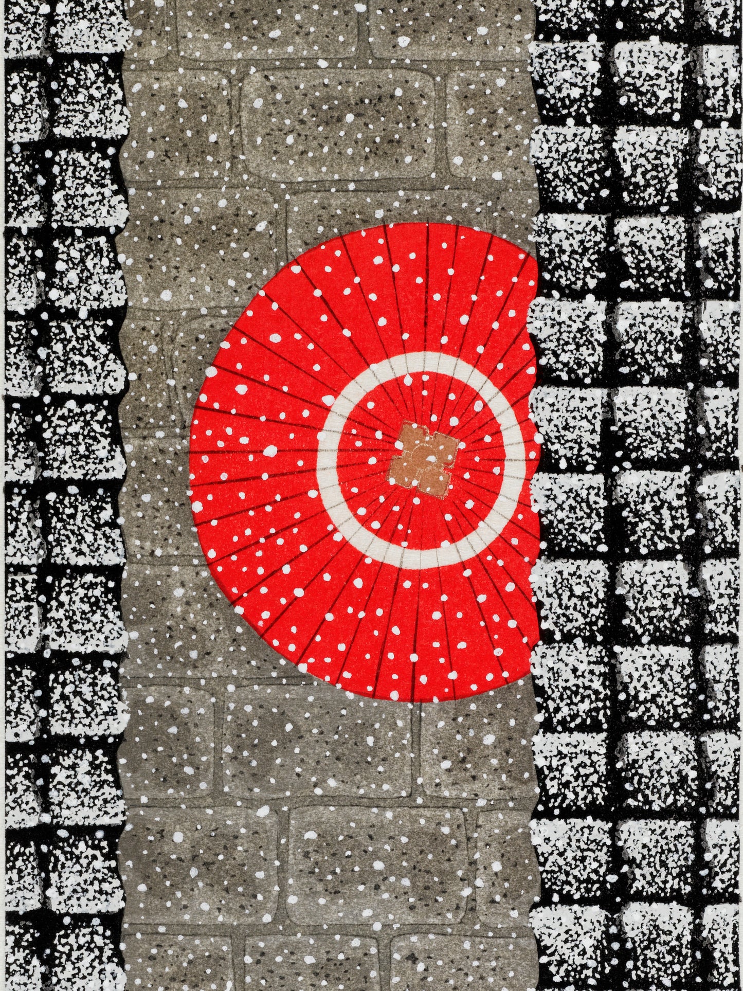 estampe japonaise contemporaine parapluie rouge sous la neige, le contraste du rouge sur les pavés gris