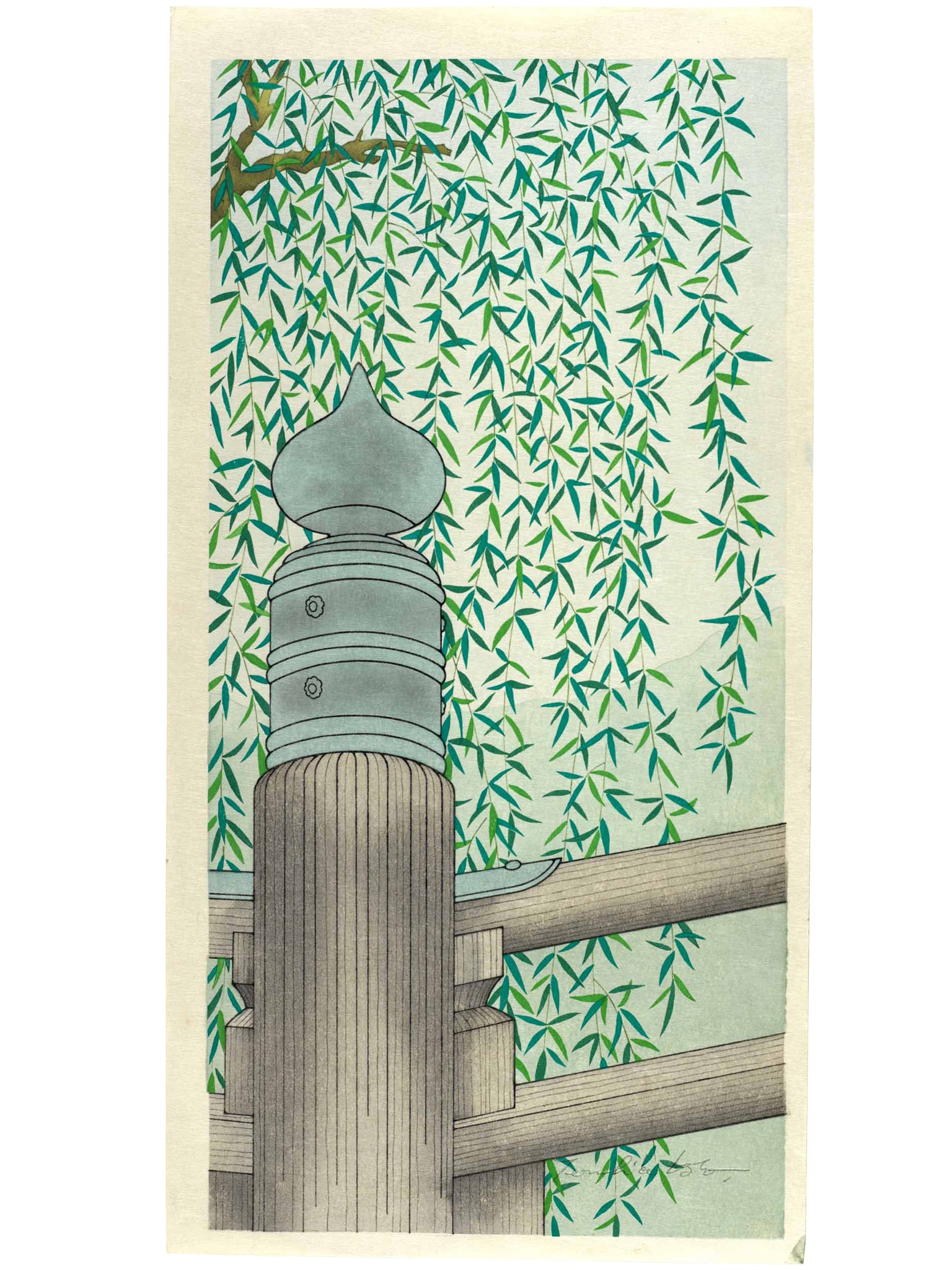 estampe japonaise de Kato Teruhide, branche de saule retombant sur pilier d'un pont