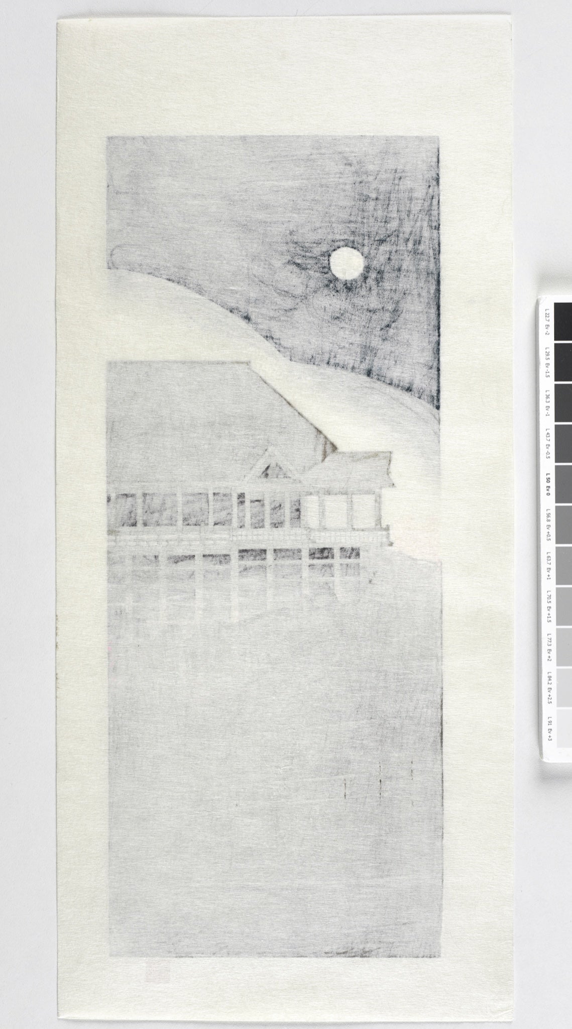 estampe japonaise contemporaine le temple Kiyomisu à Kyoto apparaissant derrière des cerisiers en fleurs une nuit de pleine lune, dos de l'estampe