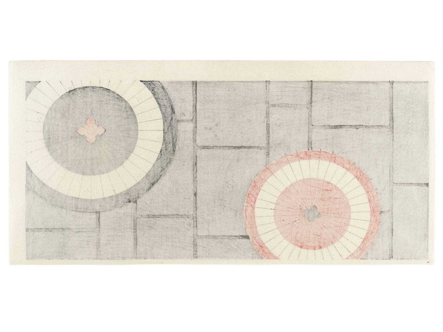 estampe japonaise de Teruhide Kato, vue aerienne d'une rue où deux personnes sous des parapluies rouge et noir se rencontrent, le verso