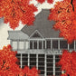estampe japonaise de Teruhide Kato du temple Kiyomizu apparaissant derrière un rideau d'érables rouge à l'automne, le verso de l'estampe, gros plan sur le temple.