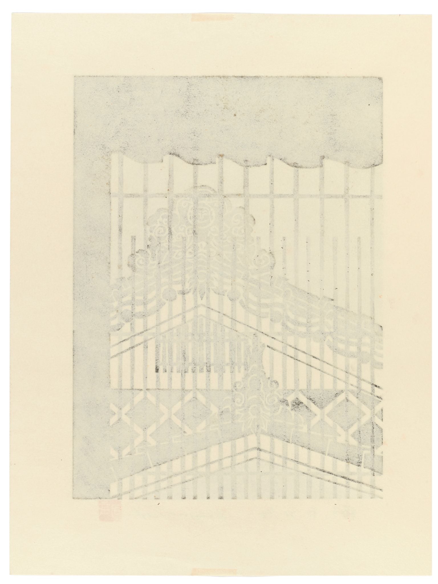 Estampe japonaise de Terashi Katsujirô montrant la toiture d’un temple de Hagi vue à travers une grille, le verso