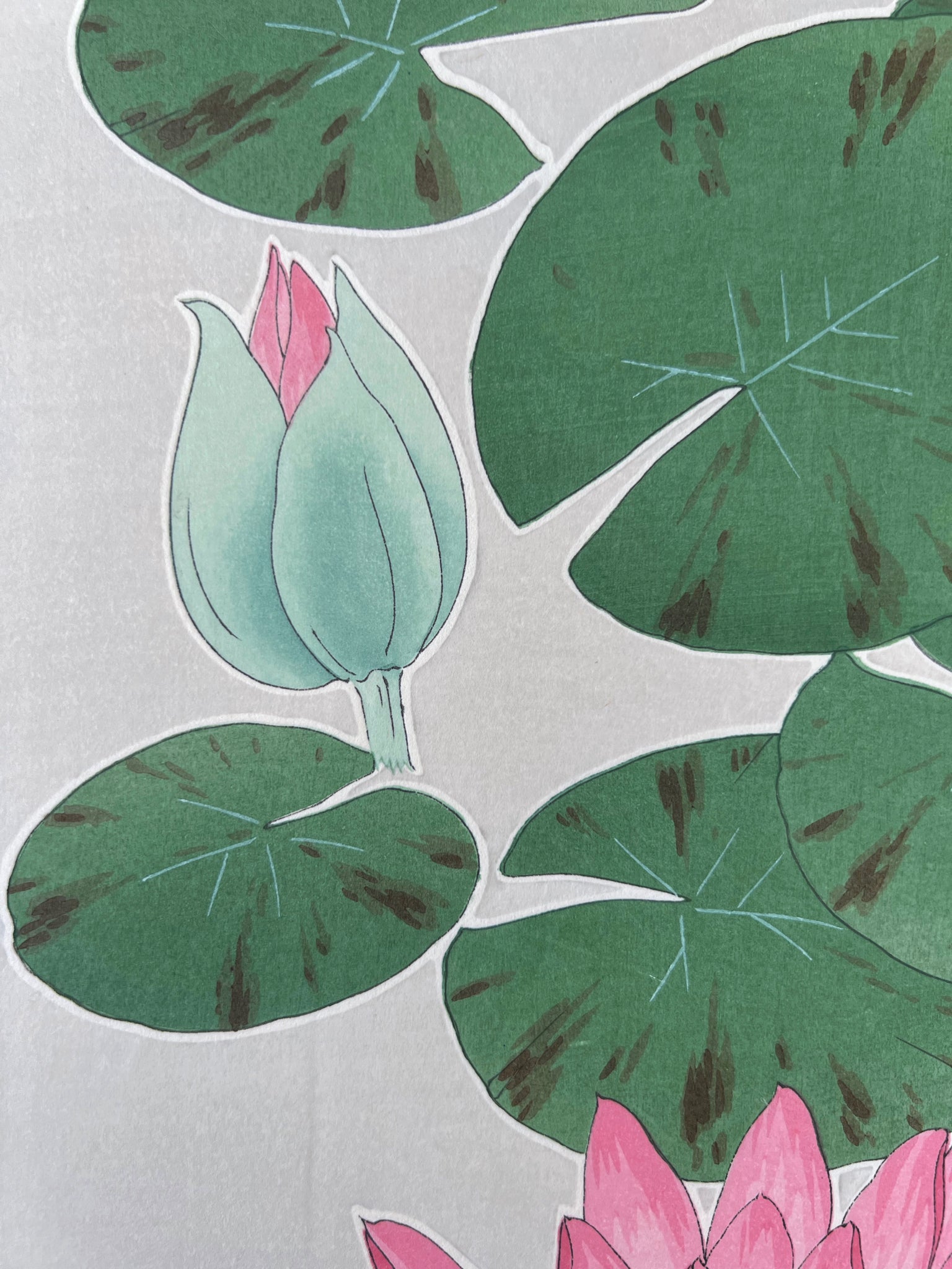 Estampe Japonaise de Kawarazaki, Nymphea bouton de fleur rose et feuilles