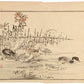 Estampe japonaise de Kōno Bairei représentant un groupe de canards au bord d’un étang, avec des lys orangé et une clôture en bambou, style naturaliste de l’ère Meiji.